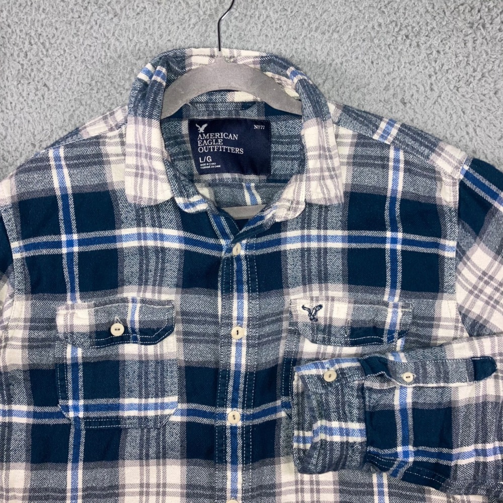 American Eagle Outfitters Flannel Shirt Men Large Plaid Logo Button Up Midweight